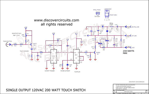 
Single OutPut 120VAC 200 Watt Touch Switch designed

 by Dave Johnson, P.E., July 11, 2006
