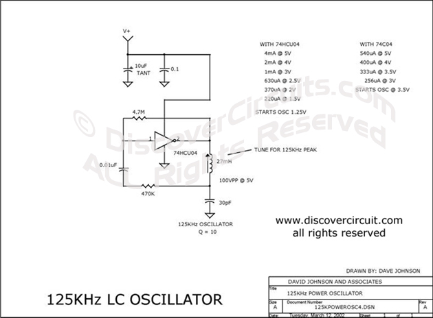 
125KHz LC Oscillator Circuit designed

 by Dave Johnson, P.E.