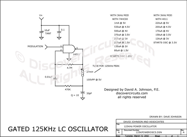 Circuit Gated 125KHz LC Oscillator designed by David Johnson, P.E. (March 12, 2002)