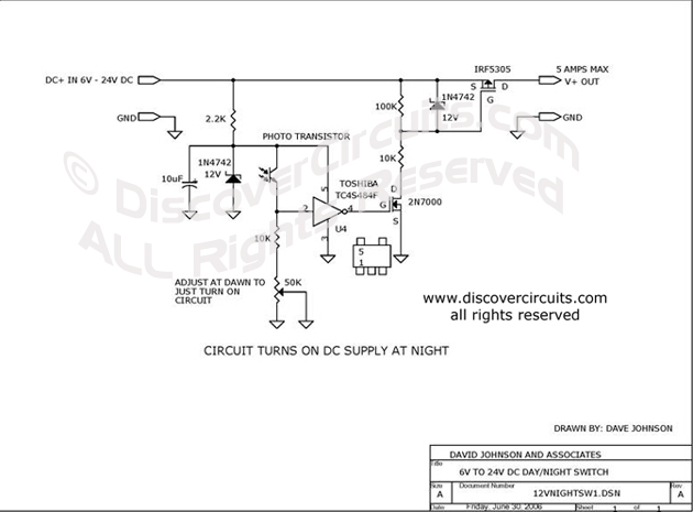 
6V to 24V DC Day / Night Switch Circuit , Circuit designed by David A. Johnson, P.E. (June 30, 2006)