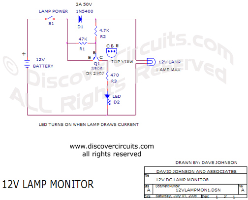 
12V Lamp Monitor Circuit designed

 by Dave Johnson, P.E. (July 1, 2006)