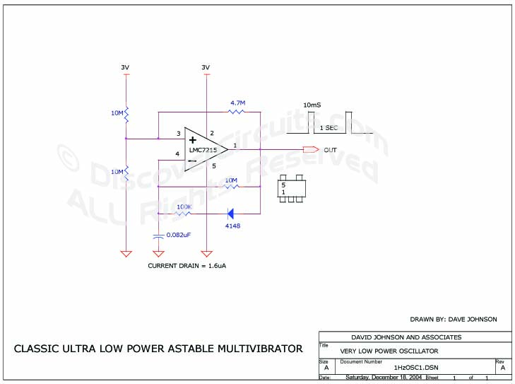 Classic Ultra Low Power Astable Multivibrator circuit designed

 by David A. Johnson, PE