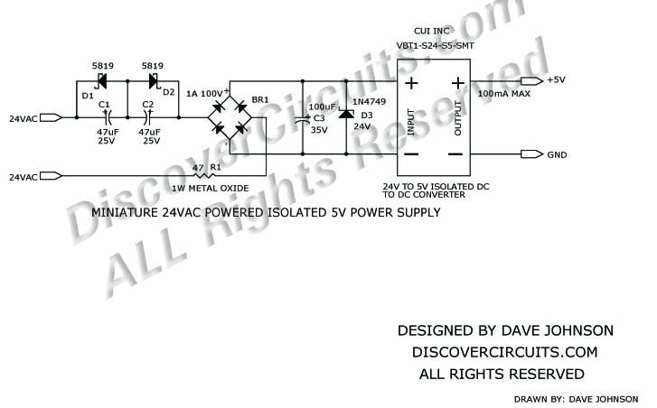 Miniature 24CAC Powered Isocated 5V Power Supply designed by David Johnson