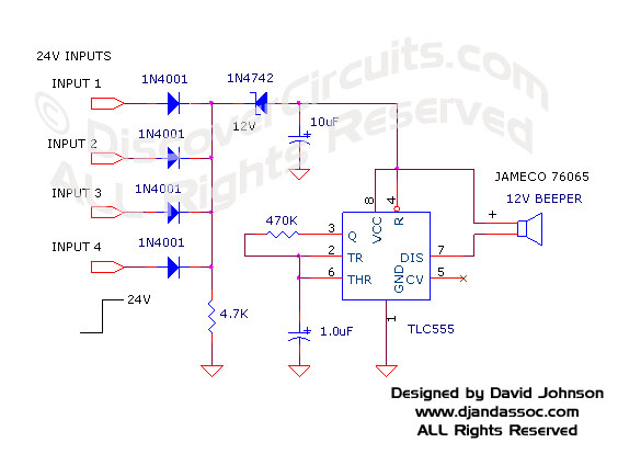 
24V DC Powered Beeper with 4 Separate Inputs, designed

 by David Johnson, May 17, 2007