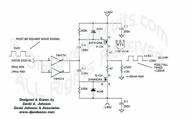 
300V Peak to Peak Signal Generator designed

 by Dave Johnson, P.E. (June 3, 2000)