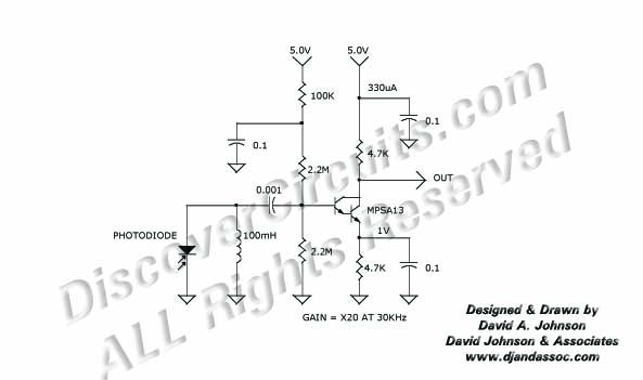 Circuit Low Power 30KHz Light Receiver Amp designed by Dave Johnson, P.E. (Mar 7, 2002)