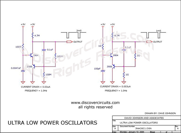 Circuit Ultra Low Power Oscillators designed by David Johnson, P.E. (January 10, 2005)