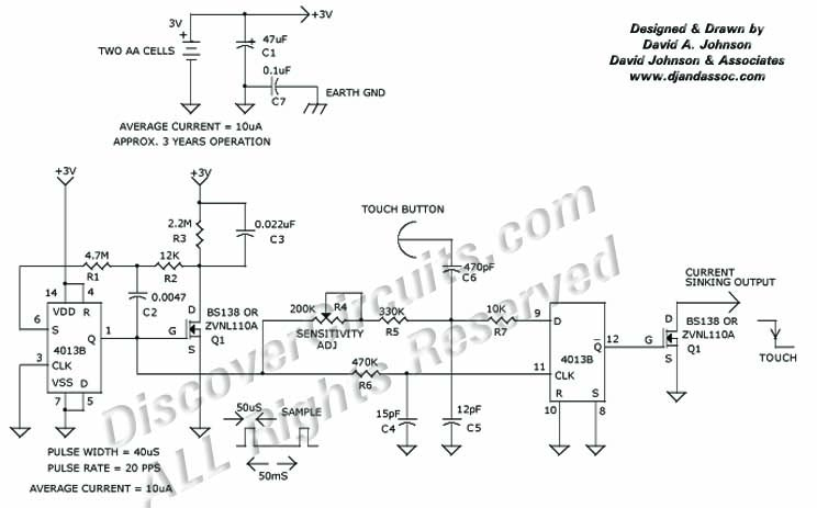 
3V Touch Switch , Circuit designed by David A. Johnson, P.E. (Feb 12, 2002)