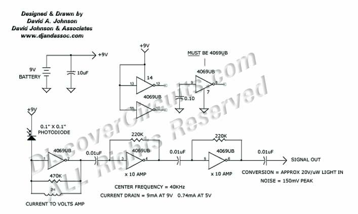 Circuit 40KHz Modulated Light Receiver Circuit designed by Dave Johnson, P.E. (June 4, 2000)