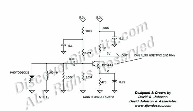 Circuit Medium Power 40KHz Light Receiver Amp designed by Dave Johnson, P.E. (March 7, 2002)