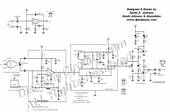 Circuit 40KHZ Modulated Laser Light Detector Circuit designed by David Johnson, P.E.