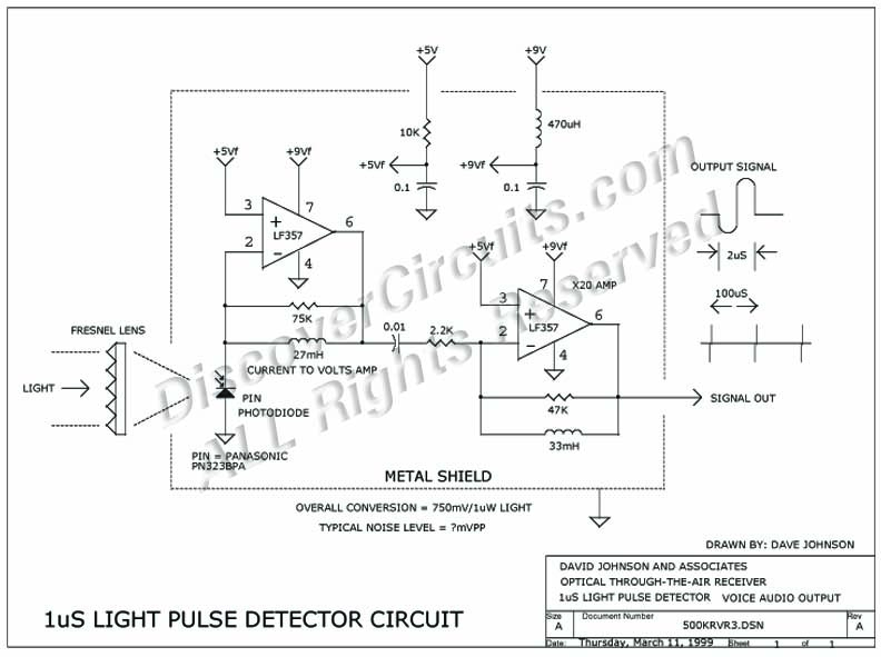 Circuit 1uS Light Pulse Detector Circuit designed by Dave Johnson, P.E. (March 11, 1999)