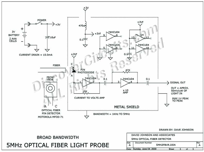 
5MHz Optical Fiber Light Probe , Circuit designed by David A. Johnson, P.E. (June 4, 2000)