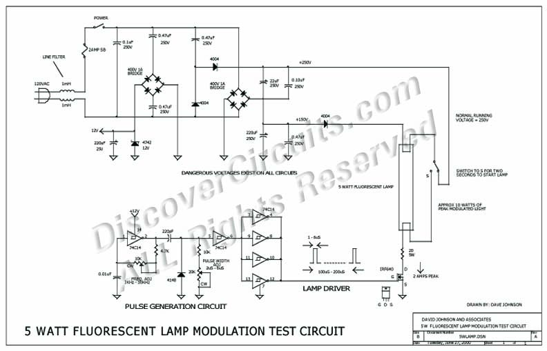 
5 Watt Fluoresent Lamp Modulation Test Circuit designed

 by Dave Johnson, P.E.