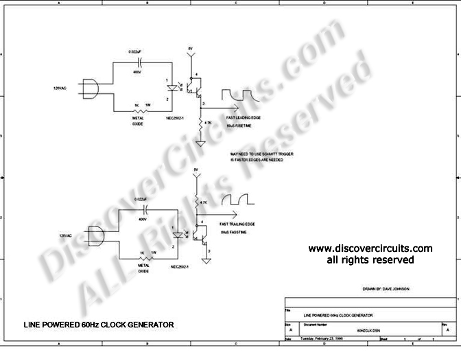 Circuit Line Powered 60Hz Clock Generation designed by Dave Johnson, P.E. (Feb 23, 1998)