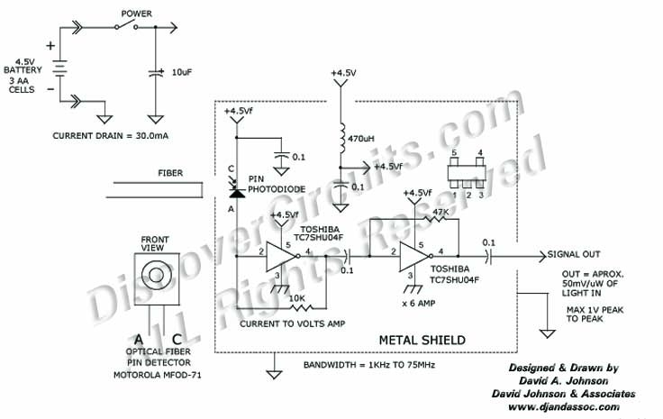 Light Receiver works from 1KHz to over 70MHz , designed

 by David Johnson June 11, 2000