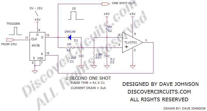 Accurate 1 Second One Shot Circuit designed

 by Dave Johnson, P.E.