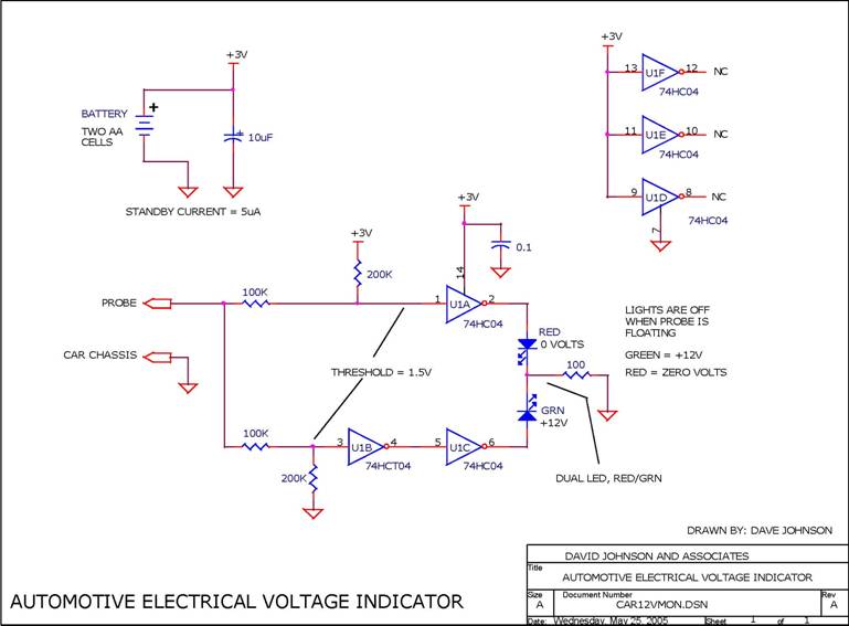 Circuit Automotive Electrical Voltage Indicator Circuit designed by David Johnson, P.E. (June 30, 2006)