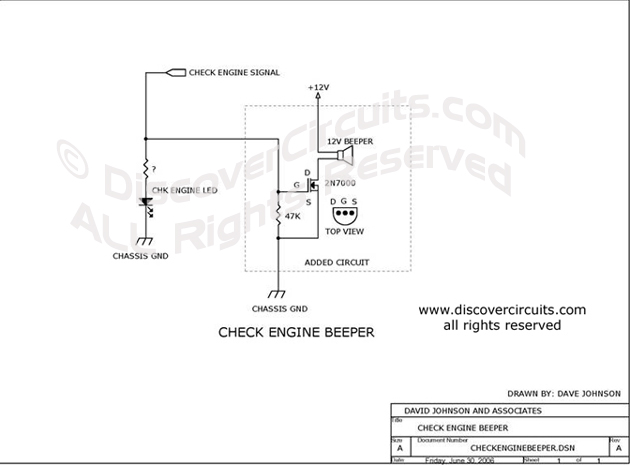 Circuit Check Engine Beeper Circuit designed by Dave Johnson, P.E. (June 30, 2006)