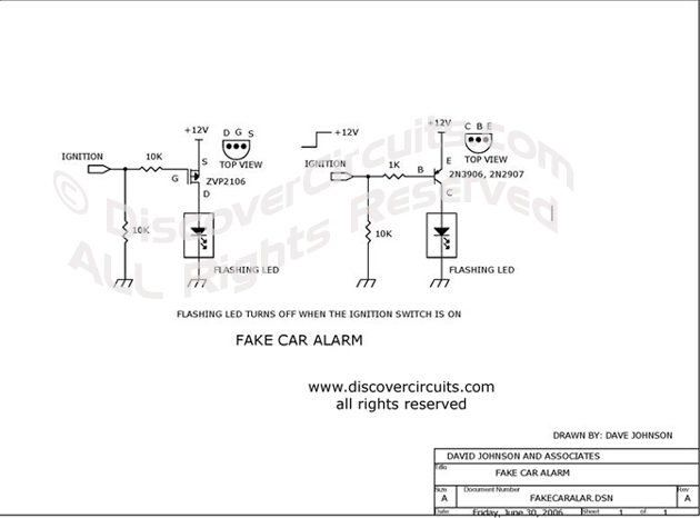 
Fake Car Alarm Circuit designed

 by Dave Johnson, P.E. (June 30, 2006)