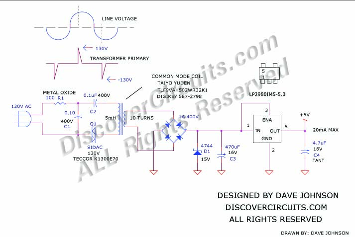 Low Power AC to DC Power Supply designed

 by David Johnson, 11/23/2001