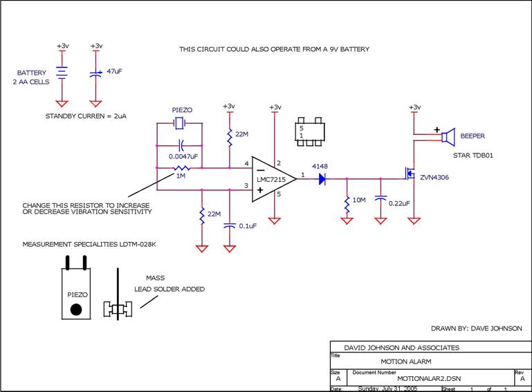 Motion Alarm using Piezeoelectric Device, designed

 by David Johnson July 9, 2006