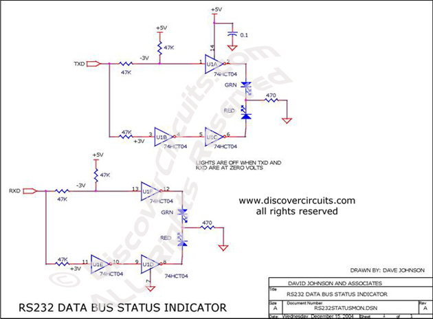 Circuit RS232 Data Bus Status Indicator designed by David Johnson, P.E. (Dec 15, 2004)