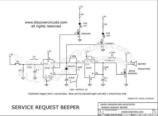 
Service Request Beeper Circuits , Circuit designed by David A. Johnson, P.E. (June 30, 2006)