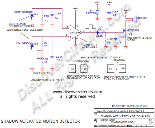Circuit Shadow Activated Motion Detector designed by Dave Johnson, P.E. (Oct 24, 2005)