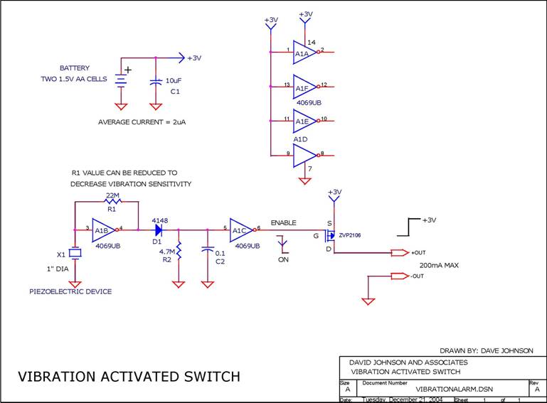 Vibration Activated Switch Circuit designed

 by Dave Johnson, P.E. (December 21, 2004)