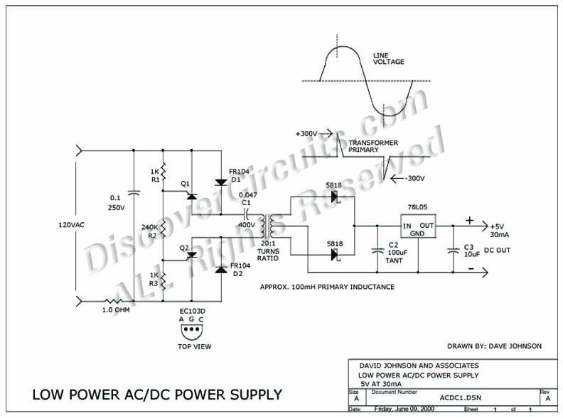 Circuit Low Power AC/DC Power Supply designed by David A. Johnson, P.E. (June 9, 2000)