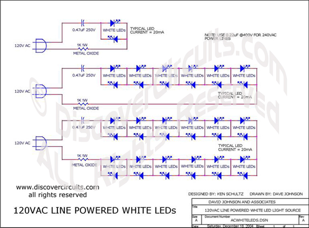 120vac line powered white LEDs , Circuit designed by David A. Johnson, P.E.