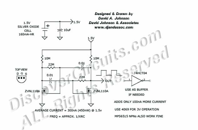 
Very Low Power Astable Multivibrator , Circuit designed by David A. Johnson, P.E. (June 10, 2000)