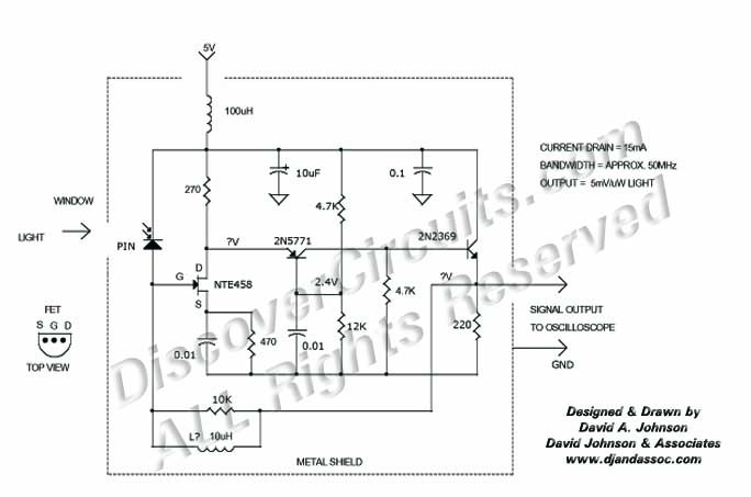 
High Speed Light Detector with FET Input designed

 by Dave Johnson, P.E. (June 17, 2000)