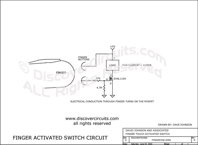 Circuit Finger Activated Switch Circuit designed by Dave Johnson, P.E. (June 3, 2000)