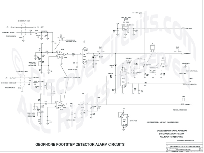 Circuits Geophone Footstep detector Alarm Schematic, David Johnson, Nov 2, 2004