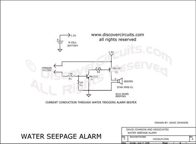 
Water Seepage Alarm , Circuit designed by David A. Johnson, P.E. (June 11, 2000)