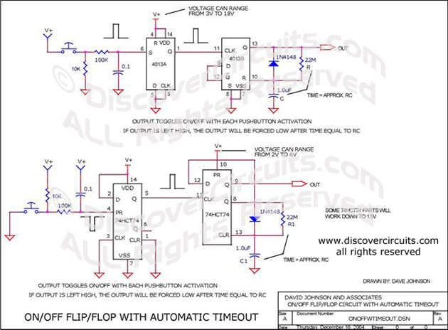 Circuit On/Off Flip/Flop with Automatic Timeout designed by David Johnson, P.E. (Dec 16, 2004)