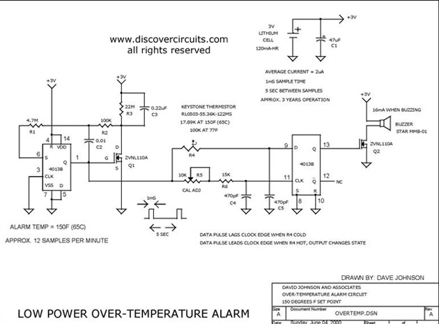 Circuit Low Power Over-Temperature Alarm designed by Dave Johnson, P.E. (June 4, 2000)