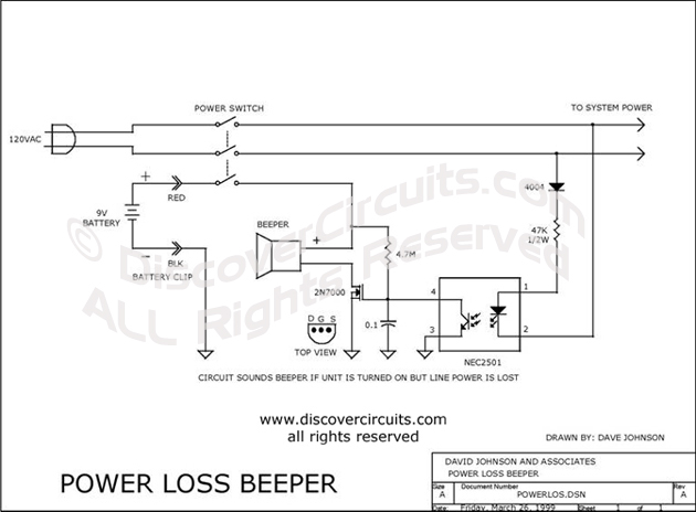 Circuit Power Loss Beeper designed by Dave Johnson, P.E. (March 26, 1999)