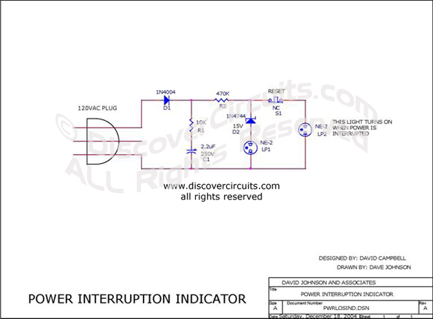 Circuit Power Interruption Indicator designed by David Campbell. (Dec 18, 2004)