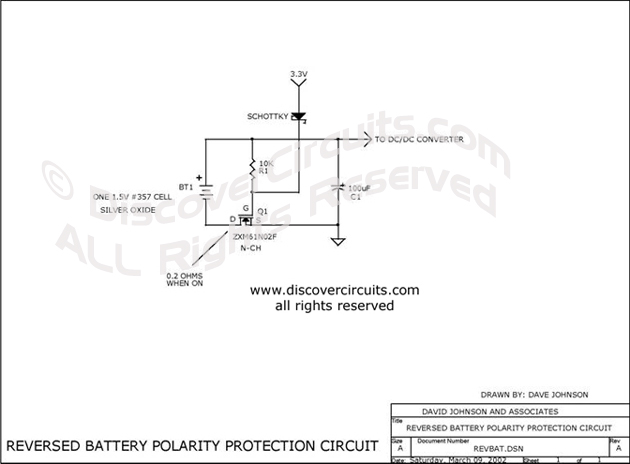 Circuit Reversed Battery Polarity Protection Circuit designed by David A. Johnson, P.E. (March 9, 2002)