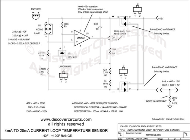 Circuit 4mA to 20MA Current Loop Temperature Sensor designed by David A. Johnson, P.E. (July 4, 2000)