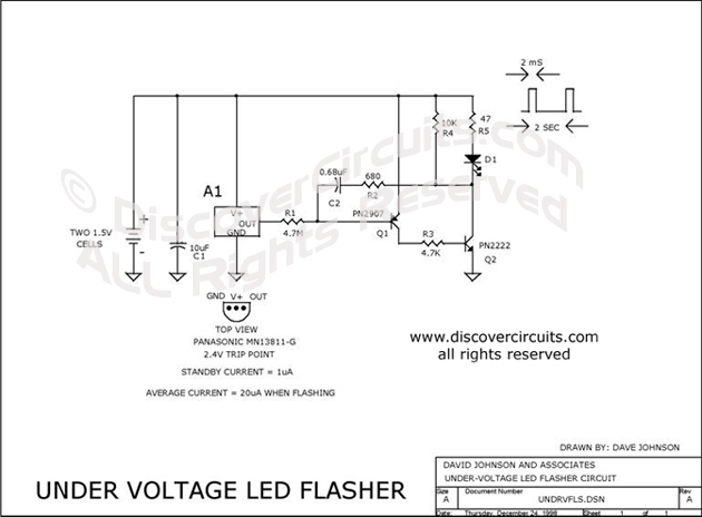 Circuit Under Voltage LED Flasher designed by David Johnson, P.E. (Dec 24, 1998)
