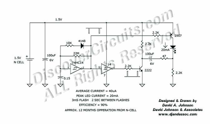 Circuit 1.5V LED Flasher Circuit designed by David Johnson, P.E.
