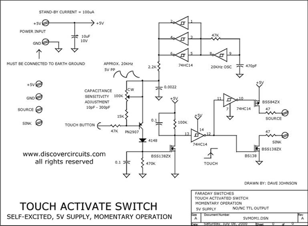 Circuit Touch Activate Switch designed by David A. Johnson, P.E. (July 8, 2000)