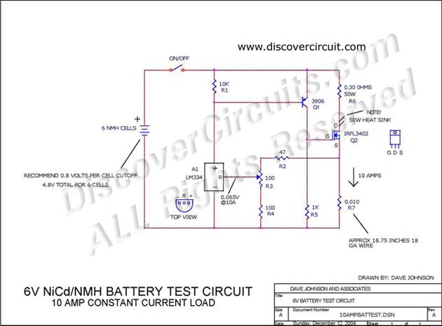
6V Battery Test Circuit , Circuit designed by David A. Johnson, P.E. (Dec 12, 2004)