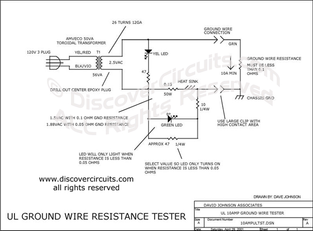 Circuit UL Ground Wire Resistance Tester designed by Dave Johnson, P.E. (Apr 28, 2001)