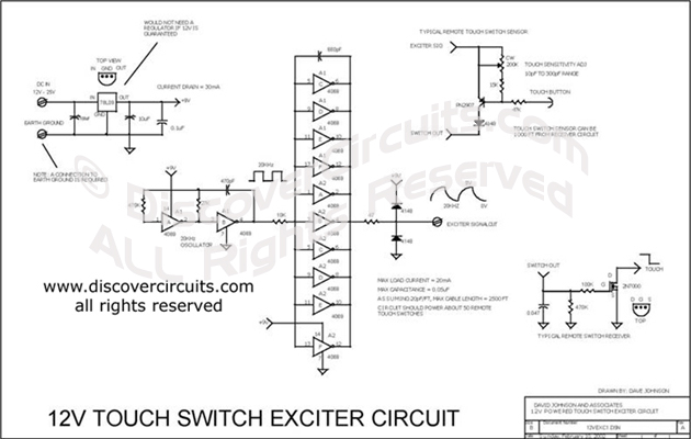 Circuit 12V Touch Switch Exciter Circuit designed by David Johnson, P.E. (feb 10, 2002)
