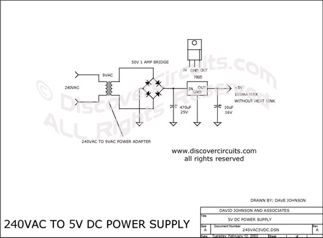 
240VAC to 5V DC Power Supply designed

 by David A. Johnson (Feb 12, 2002)
